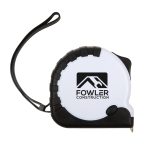 A white and black retractable tape measure with a logo, featuring a wrist strap for easy handling.