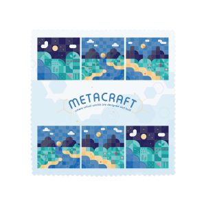 A multi-image design featuring colorful landscapes with buildings, hills, and clouds, showcasing a blue and green color scheme.