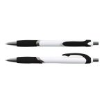 A pen with a white barrel, black grip, and silver accents, featuring a round clip. It has a sleek design.