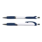 A pen, featuring a white body with navy blue accents and a textured grip. The design includes a clip for convenience.