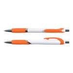 A pen featuring a white body with orange accents and a textured grip. The pen has a logo present.