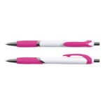 A pink and white pen with a textured grip and a clip on the side, featuring a sleek design.