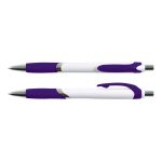 A purple and white pen with a comfortable grip, featuring a silver-colored nib and a branding logo.