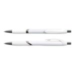 A set of two white pens with chrome accents, featuring a textured grip and click mechanism for easy use.