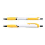 A white and yellow Vespa Pen with a sleek design, featuring a comfortable grip and a click mechanism.