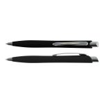A black plastic pen with a sleek design and a silver clip, featuring a smooth writing tip.