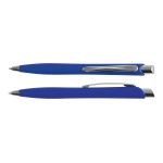 A set of blue plastic pens with silver accents and clips, designed for writing.