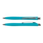 A plastic pen in vibrant turquoise, featuring a sleek design and a silver clip. The pen has a logo visible.