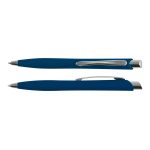 A blue plastic pen with a smooth finish and silver clip, displayed from different angles. It features a branding logo.