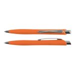 An orange plastic pen with a sleek design and silver accents, featuring a clip for easy attachment.