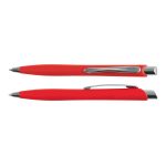 A set of red plastic pens with a silver clip and accents, featuring a sleek design.