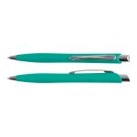 A teal plastic pen with a silver clip, featuring a sleek design and a shiny tip.