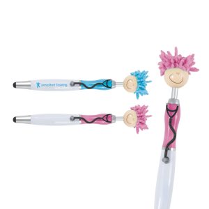 A set of colourful stylus pens with playful mop-top heads, featuring pink and blue hair and smiling faces.
