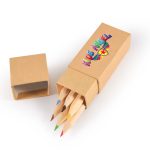 A pencil set in a brown cardboard box, featuring colored pencils in red, blue, green, and yellow. The box has a logo.