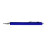 A blue plastic pen with a silver clip and tip, featuring a simple design and a logo on the barrel.