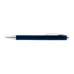 A blue plastic pen with a silver clip and details. It features a sleek, modern design.