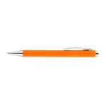 An orange plastic pen with a silver clip and tip. It features a simple, sleek design and has a branding logo.