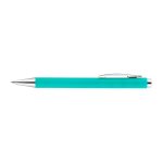 A turquoise plastic pen with a silver clip and trim, featuring a sleek design and a logo.