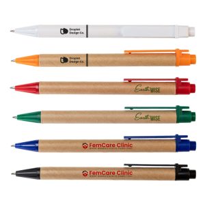 Various pens in white, orange, red, green, and blue, with a cardboard body and branded logos.