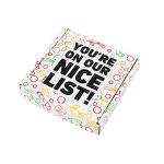 A gift box decorated with colorful holiday-themed graphics, featuring the phrase "YOU'RE ON OUR NICE LIST!"