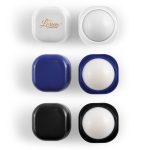 A cube lip balm in white, blue, and black packaging, featuring a logo on the white container.
