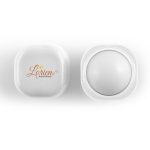 A white cube lip balm container with a smooth, round balm inside and a logo on the lid.