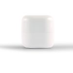 A white cube lip balm container with a smooth finish and a sleek design, featuring a logo on the top.