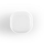 A white cube-shaped lip balm container with rounded edges, featuring a smooth surface and a logo.