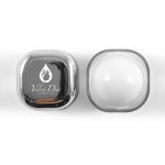 A square lip balm container with a shiny silver lid and a clear base, featuring a logo on the lid.