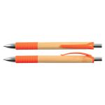 A bamboo pen with orange accents and grips, featuring a silver clip and ballpoint tip.