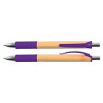 A bamboo pen featuring a purple grip and clip, with a sleek metal tip. It has a logo on its barrel.