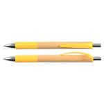 A bamboo pen set featuring a natural bamboo body and bright yellow accents, including a ribbed grip and click mechanism.