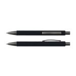 A black pen with a rubber grip and metal accents, featuring a cap and clip design.