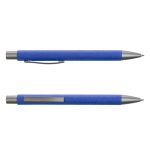 A blue pen with a textured grip and a silver clip, featuring a sleek design and a brushed metal finish.