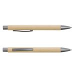 A beige pen with a silver clip and tip, featuring a smooth finish and a simple design.