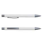 A white pen with a silver clip and tip, featuring a sleek design and branding on its surface.