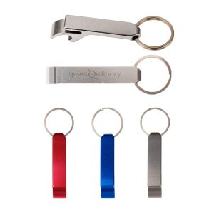 A drink bottle opener keytag in silver, red, and blue, featuring a keyring and a branding logo.