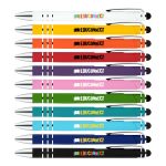 A collection of stylus pens in various colors, featuring a branding logo on each pen.