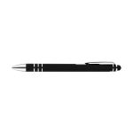 A sleek black stylus pen with silver accents and a rubber tip for touchscreen use.