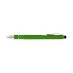A green pen and stylus with silver accents and a black tip, featuring a branding logo.