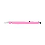 A pink stylus pen with silver accents, designed for writing and touchscreen use.