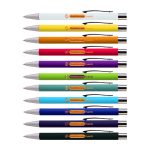 A collection of metal pens in various colours, featuring black grips and silver accents, each with a logo.