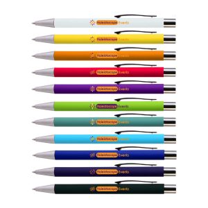 A collection of metal pens in various colours, featuring black grips and silver accents, each with a logo.