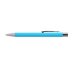 A turquoise aluminium pen with a silver tip and clip, featuring a smooth writing ballpoint design.