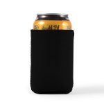 A drink can is wrapped in a sleek black stubby cooler, designed to keep beverages cool.