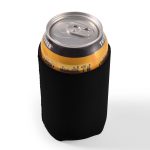 A drink can is held in a black stubby cooler, designed to keep beverages cold.