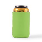 A drink bottle cooler in vibrant green, holding a can of orange beverage inside. The cooler has a logo.