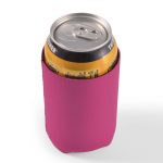 A drink bottle is wrapped in a bright pink stubby cooler, designed to maintain the temperature of the can.