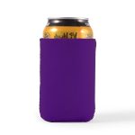 A drink can is nestled in a purple stubby cooler, designed to keep beverages cold.