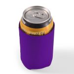 A drink can is nestled inside a vibrant purple stubby cooler, designed to keep beverages cold.